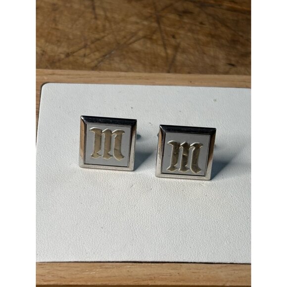 Silver Square Initial M Cufflinks With Gold Lettering - Elegant Mens Accessory - Picture 5 of 9